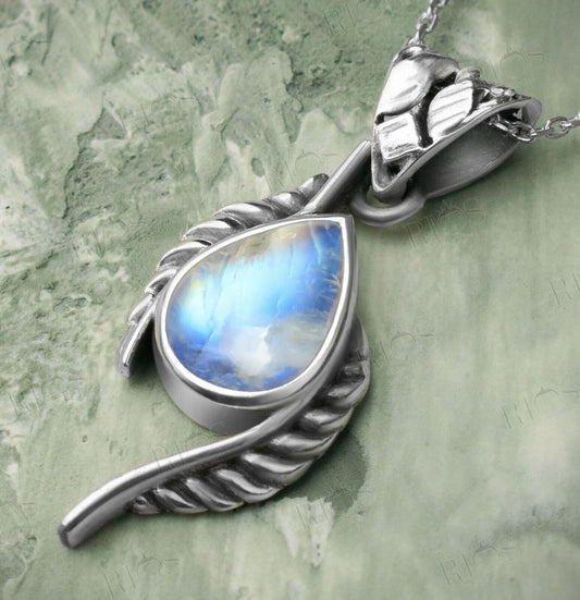 925 Sterling Silver Moonstone Leaf Necklace Gemstone Pendant Handmade Gift Boxed