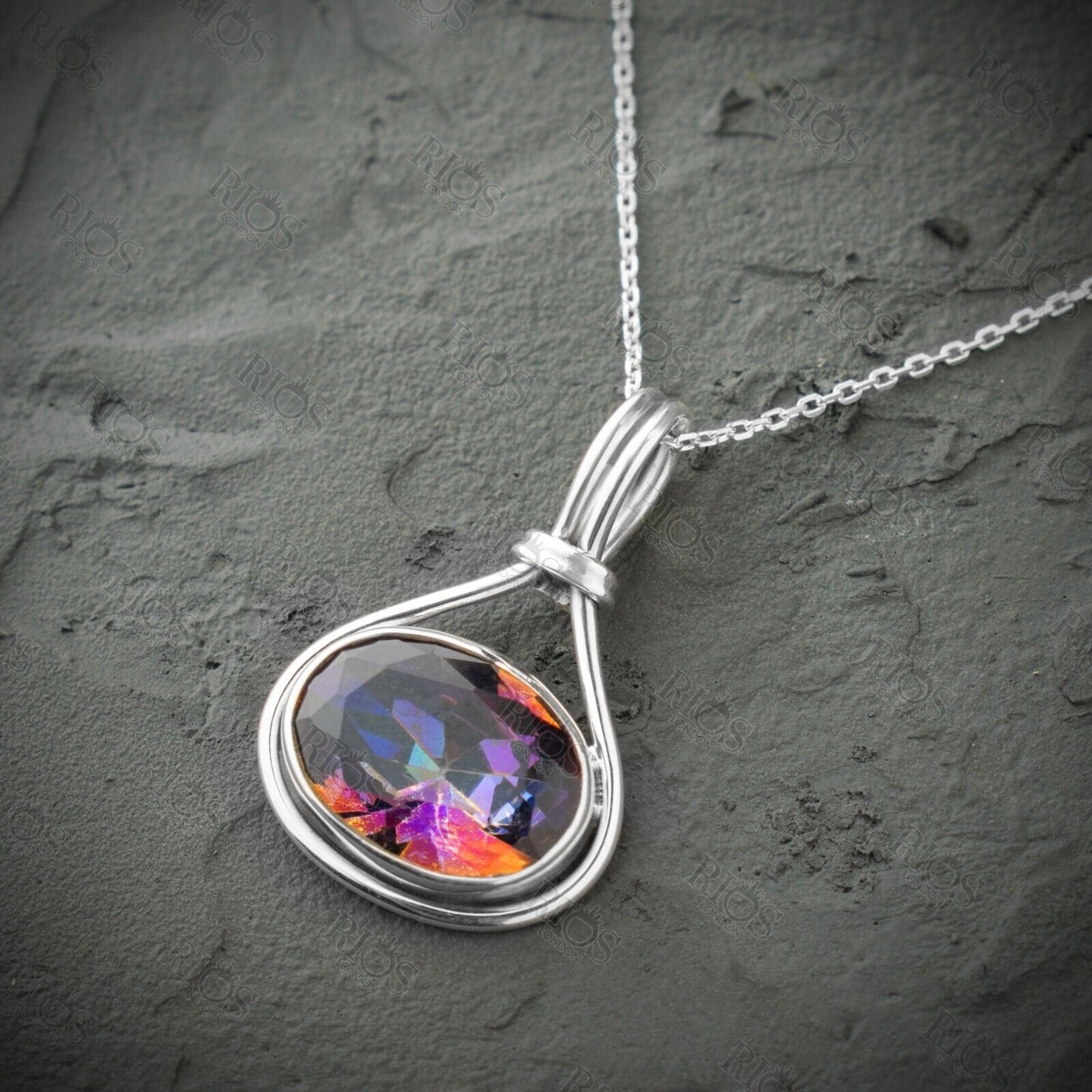 Handmade 925 Sterling Silver Mystic Fire Topaz Necklace with Oval Pendant Boxed