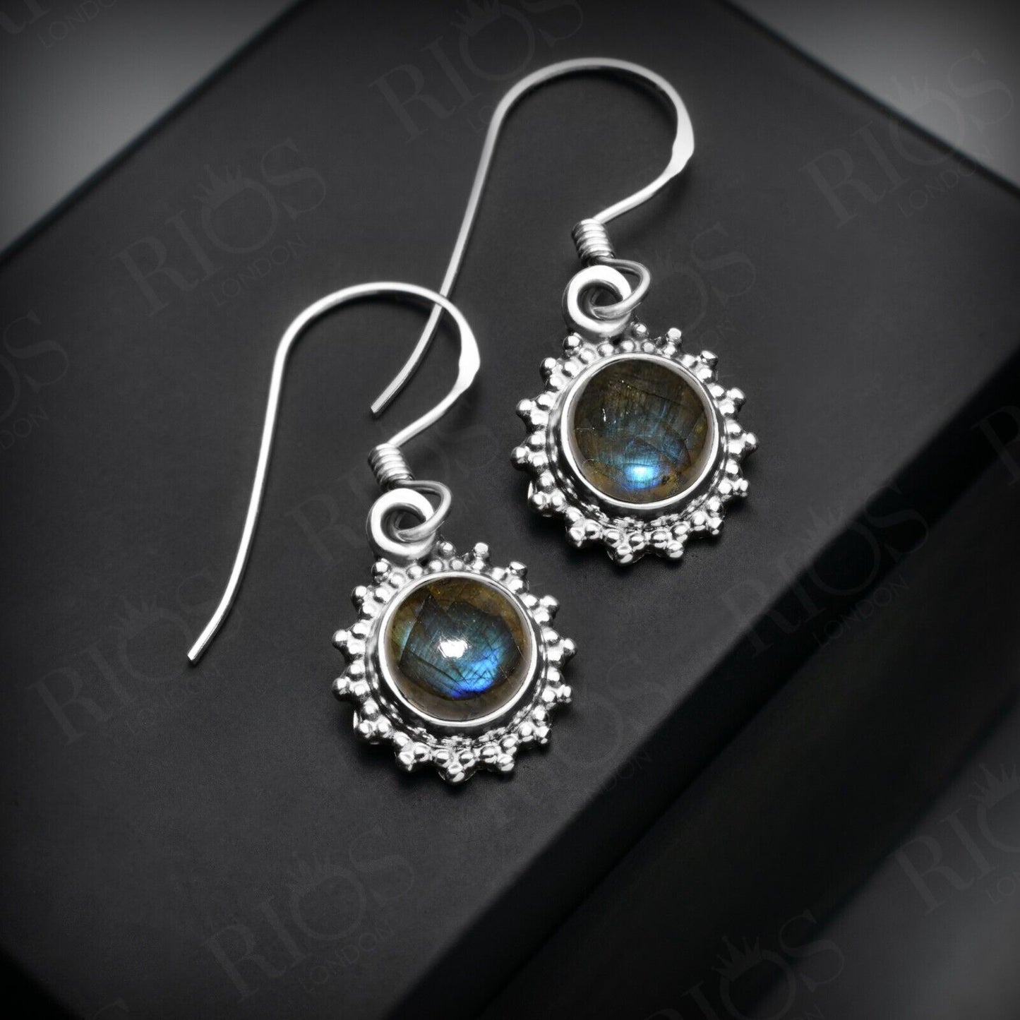 925 Sterling Silver Natural Labradorite Earrings Drop Dangle Ear Hook Gift Boxed