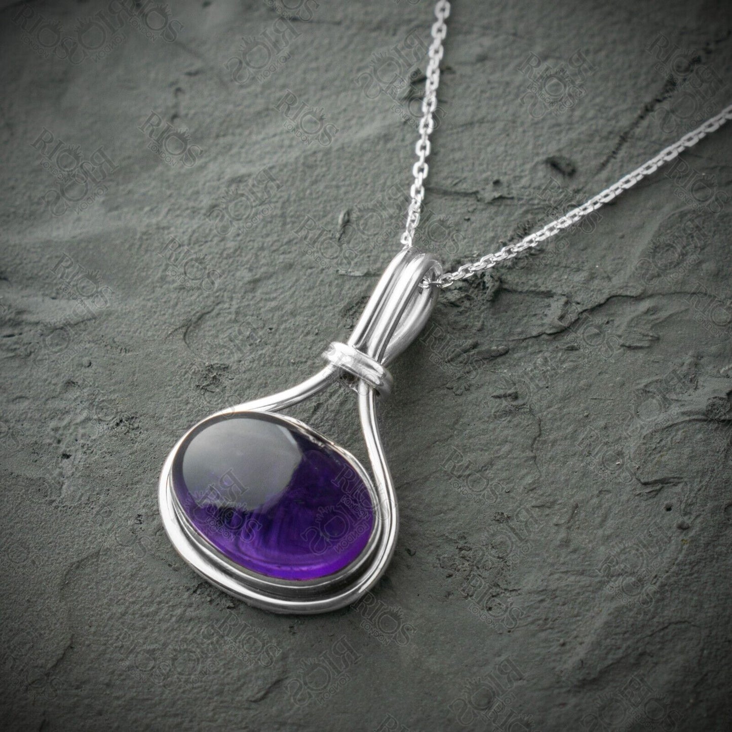 Handmade 925 Sterling Silver Amethyst Necklace with Oval Purple Pendant Boxed