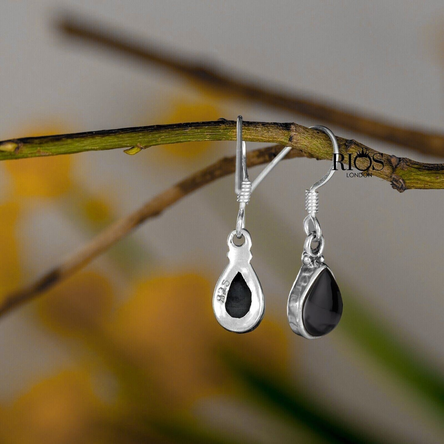 925 Sterling Silver Natural Onyx Earrings Dangle Hook Black Teardrop Gift Boxed