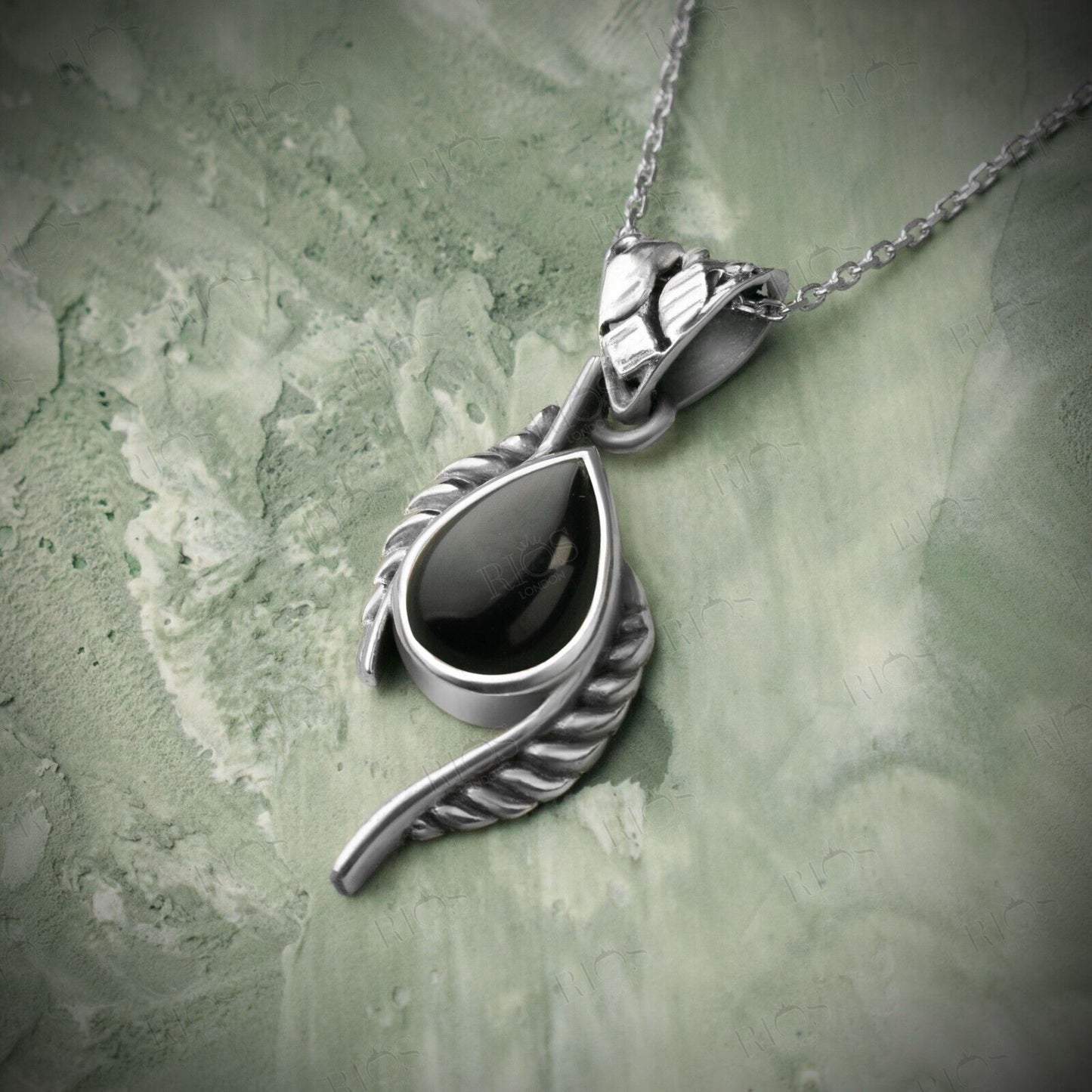 Handmade 925 Sterling Silver Leaf Onyx Necklace Black Gemstone Gift Boxed