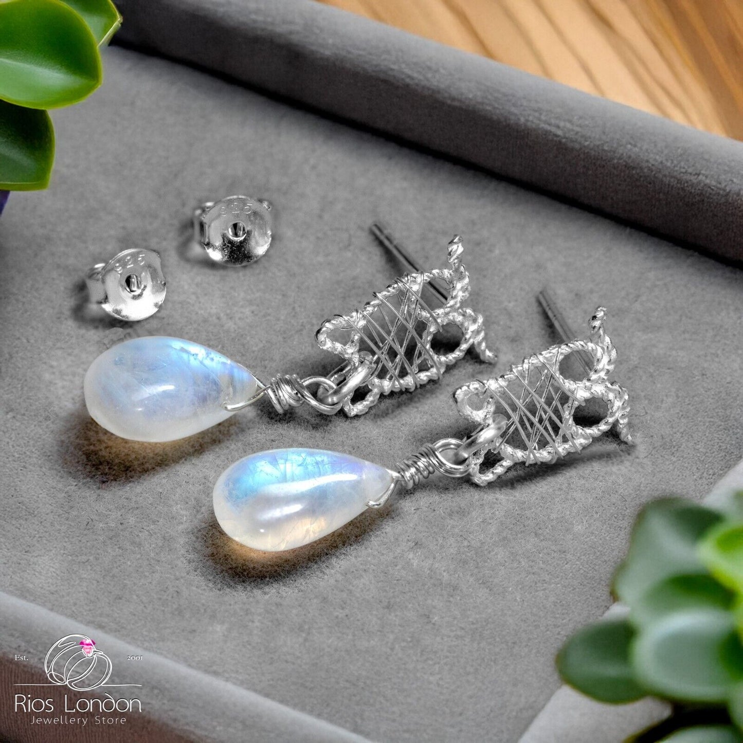 Sterling Silver Wire-Wrapped Owl Earrings with Natural Rainbow Moonstone, Boxed