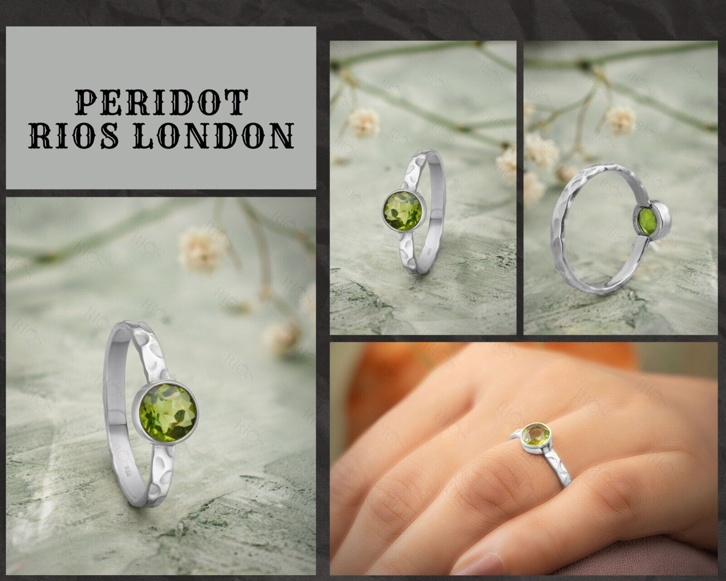 Hammered 925 Sterling Silver Natural Moonstone | Amethyst | Turquoise | Red Garnet | Black Onyx | Green Peridot Gemstone Ring Gift Boxed