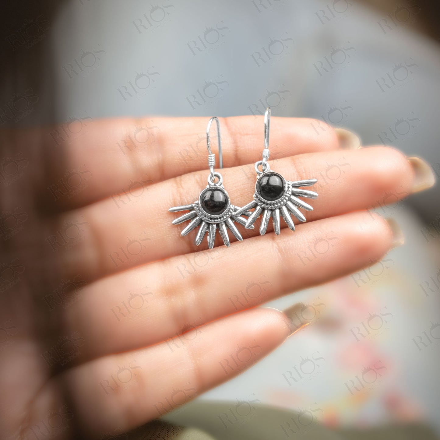 Rios London 925 Sterling Silver Black Onyx Gothic Spiky Earrings - Gift Boxed