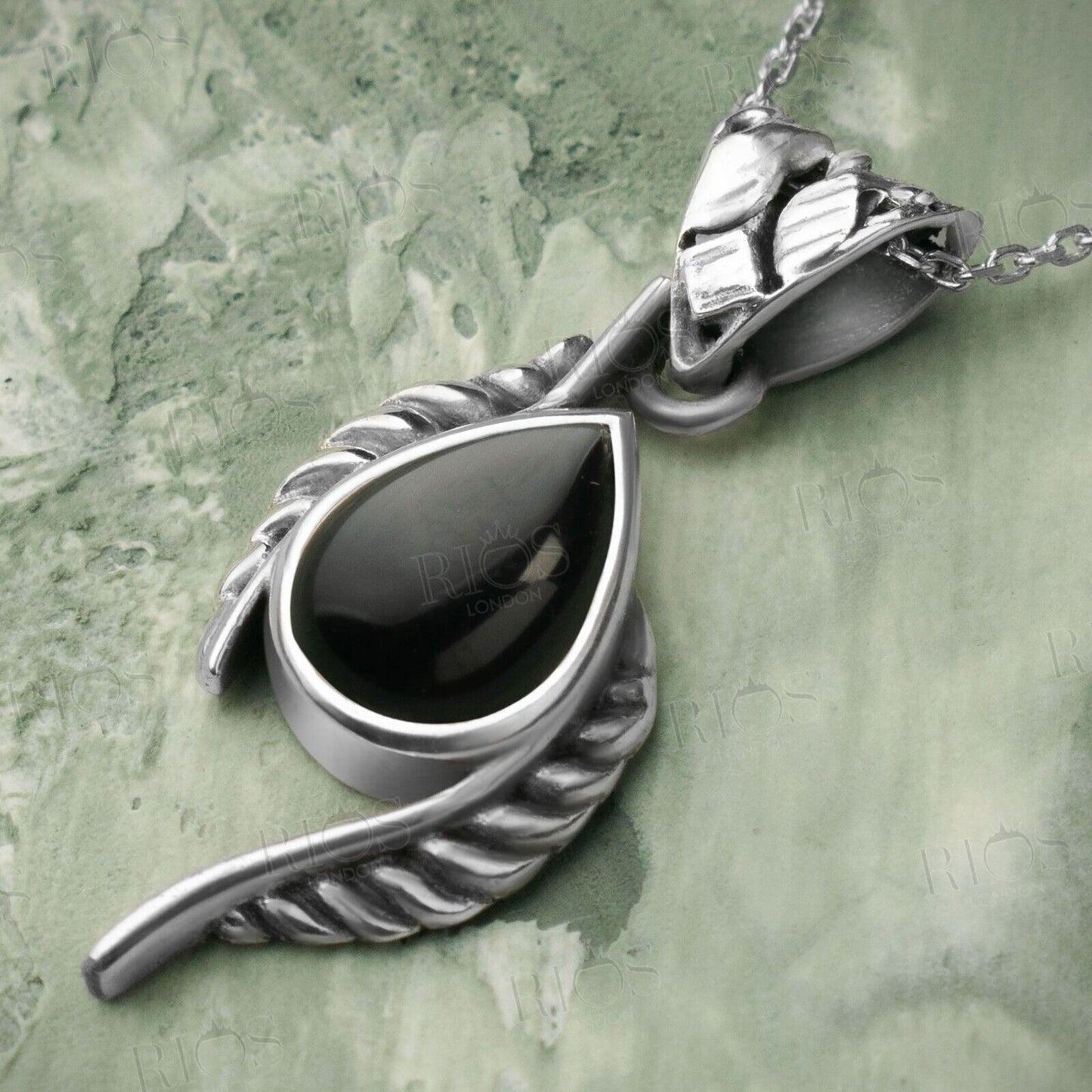 Handmade 925 Sterling Silver Leaf Onyx Necklace Black Gemstone Gift Boxed