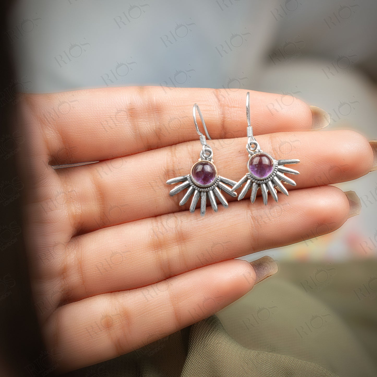 925 Sterling Silver Natural Amethyst Purple Gothic Spiky Earrings - Gift Boxed