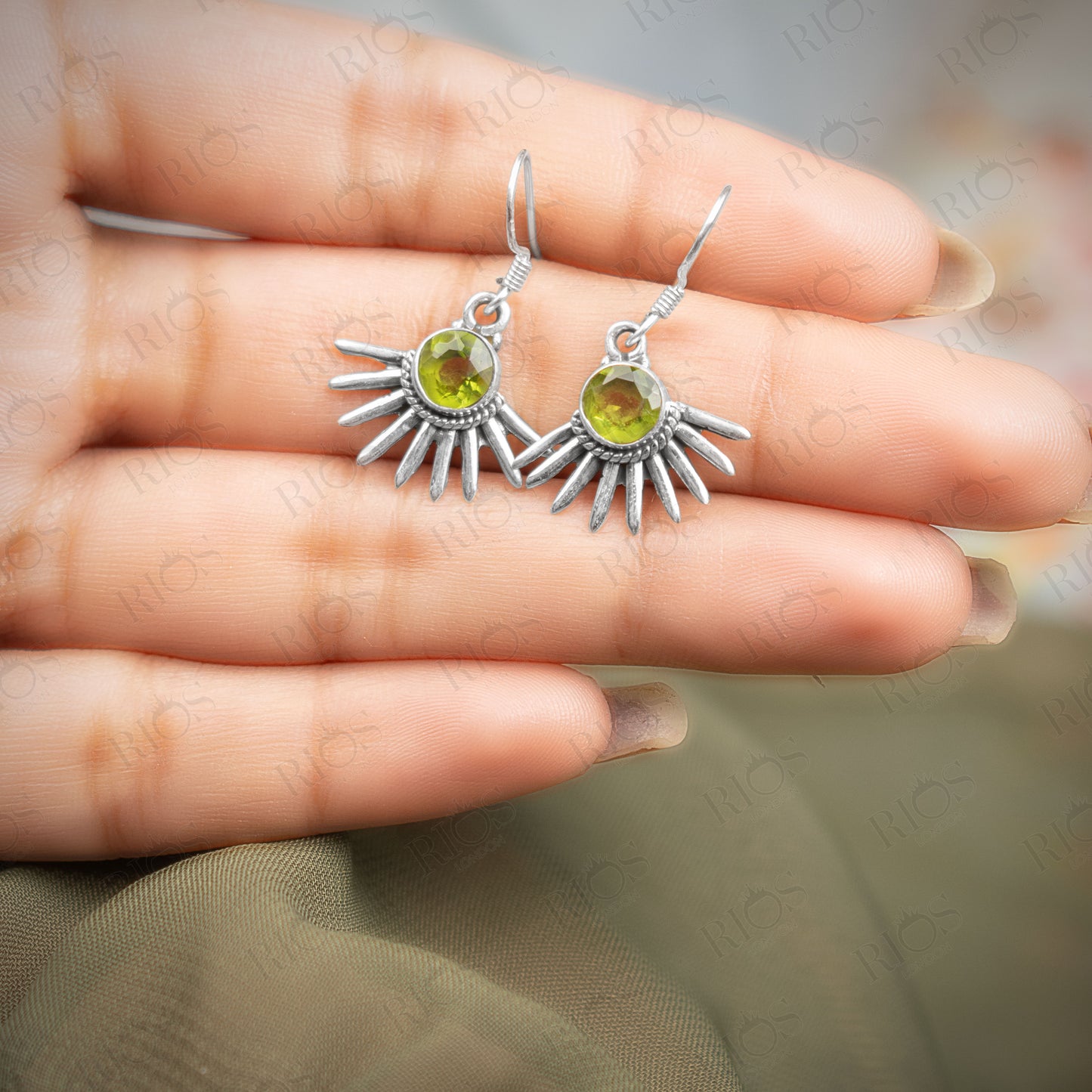 925 Sterling Silver Natural Peridot Olive Green Gothic Spiky Earrings Gift Boxed