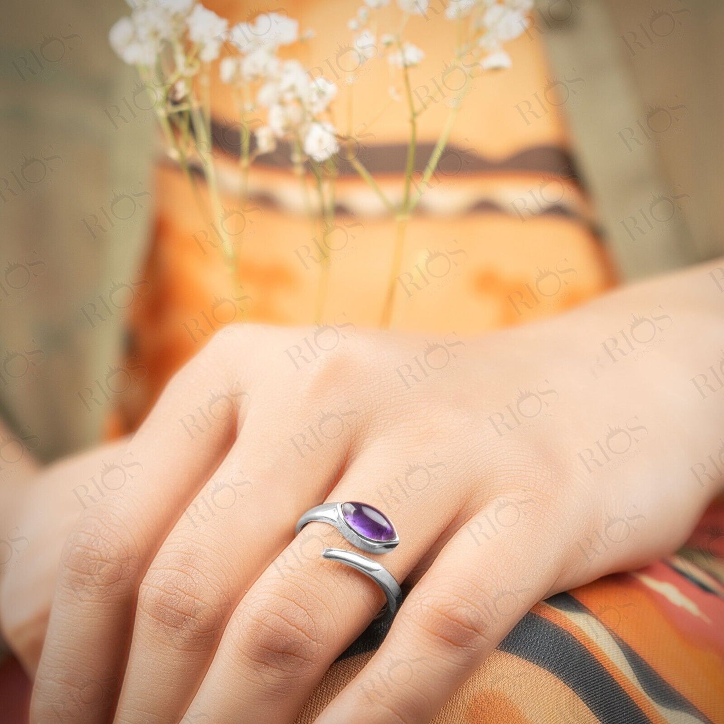 Stunning 925 Sterling Silver AMETHYST Gemstone Snake Adjustable Ring Gift In Box