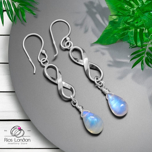 925 Sterling Silver Natural Moonstone Infinity Dangle Earrings Love Design, Gift