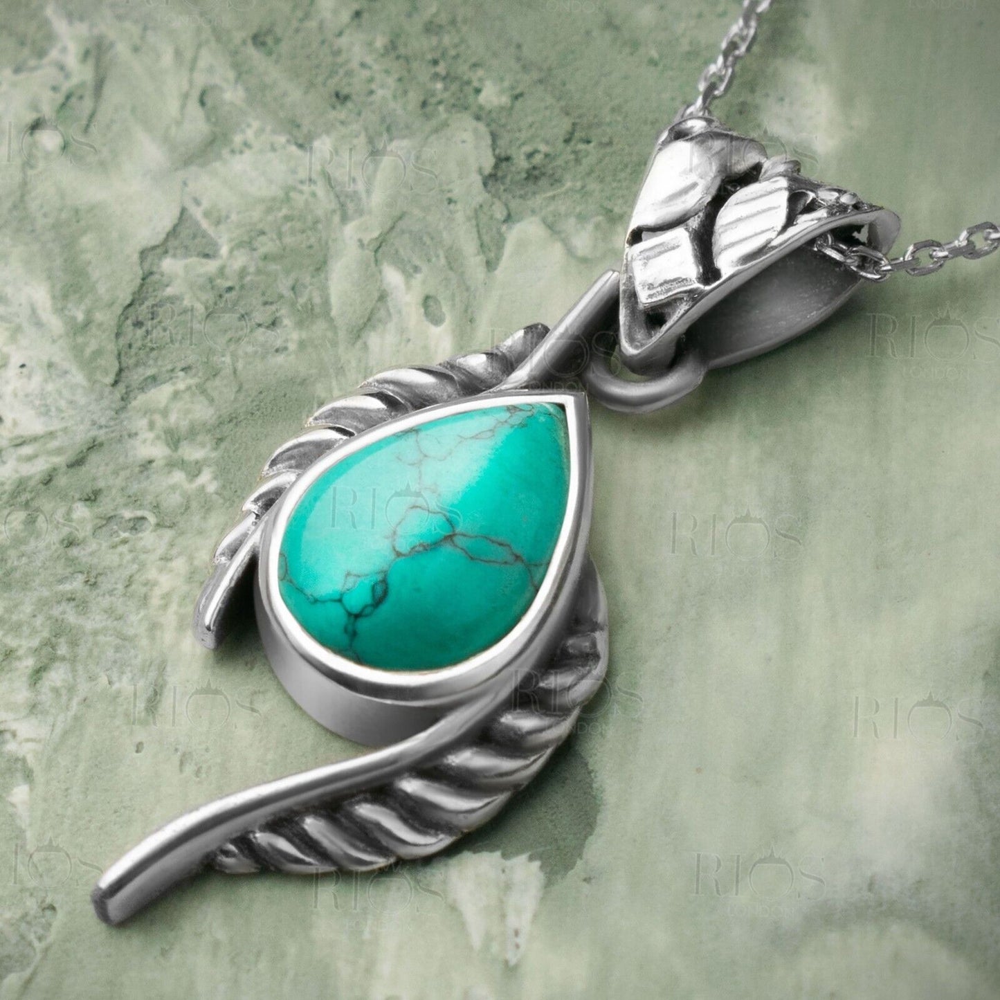 925 Sterling Silver Turquoise Leaf Necklace Gemstone Pendant Handmade Gift Boxed
