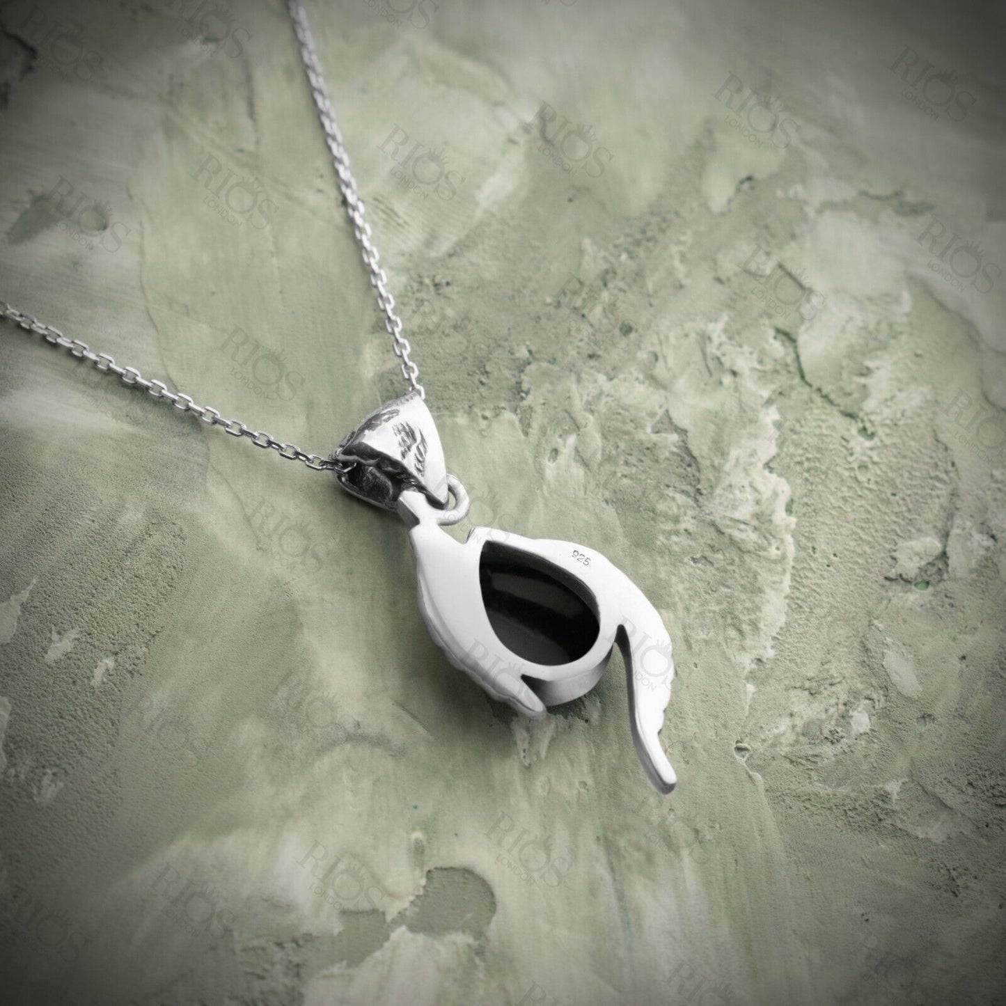 Handmade 925 Sterling Silver Leaf Onyx Necklace Black Gemstone Gift Boxed