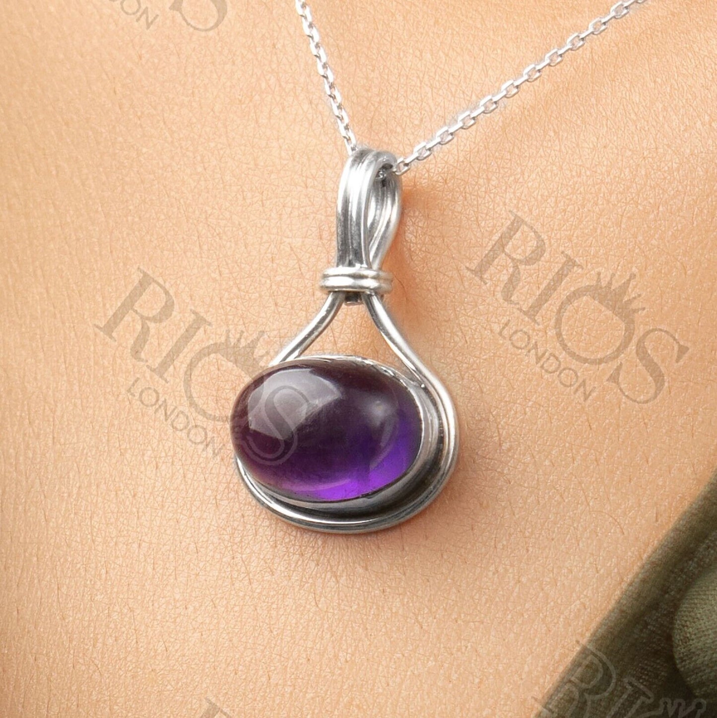 Handmade 925 Sterling Silver Amethyst Necklace with Oval Purple Pendant Boxed
