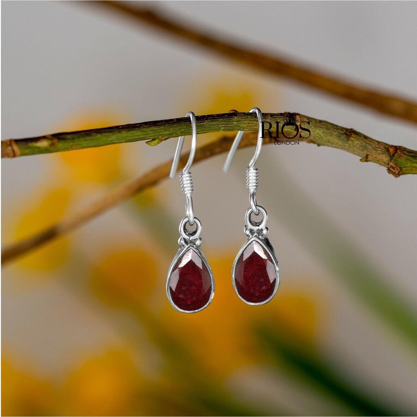 925 Sterling Silver Ruby Earrings Dangle Hook Ear Red Tear Drop Gift Boxed
