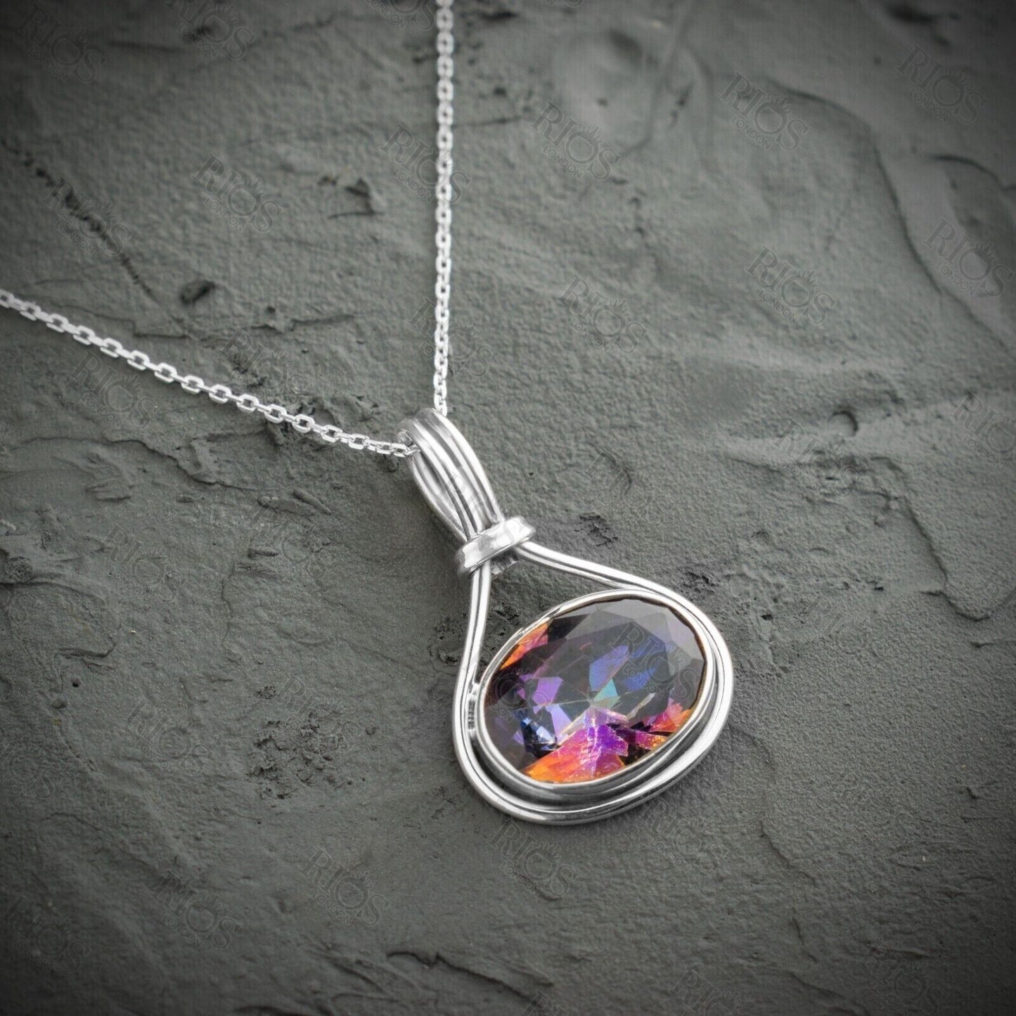 Handmade 925 Sterling Silver Mystic Fire Topaz Necklace with Oval Pendant Boxed