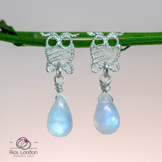 Sterling Silver Wire-Wrapped Owl Earrings with Natural Rainbow Moonstone, Boxed