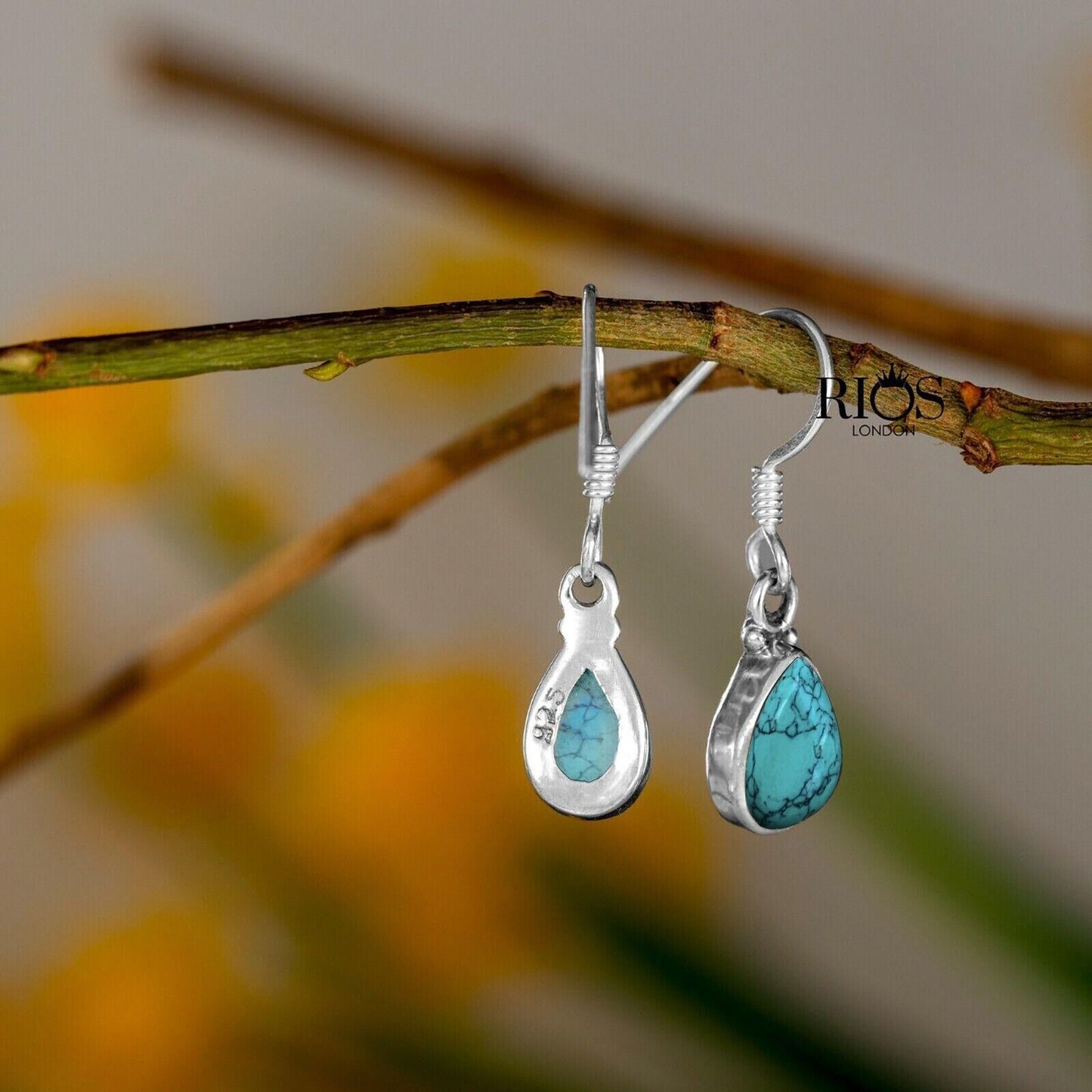 925 Sterling Silver Natural Turquoise Earrings Dangle Hook Teardrop Gift Boxed