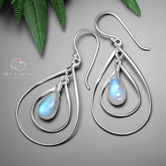 925 Sterling Silver Double Hoop Dangle Moonstone Earrings – Teardrop, Gift Boxed