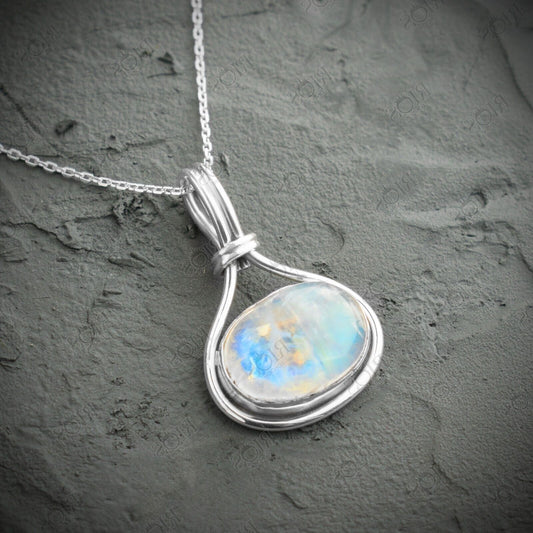 925 Sterling Silver Moonstone Necklace Blue Gemstone Pendant Handmade Gift Boxed