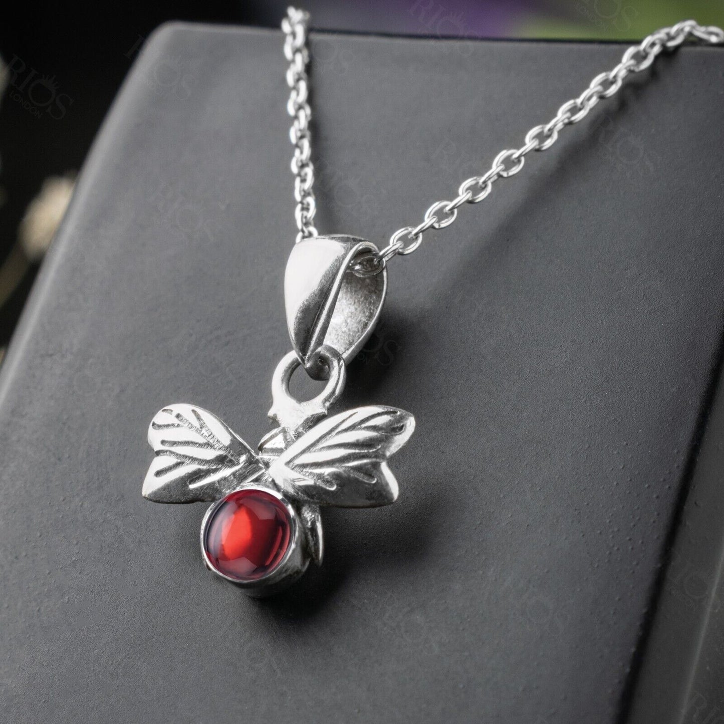 925 Sterling Silver Honey Bee Necklace with Natural Garnet Pendant - Boxed