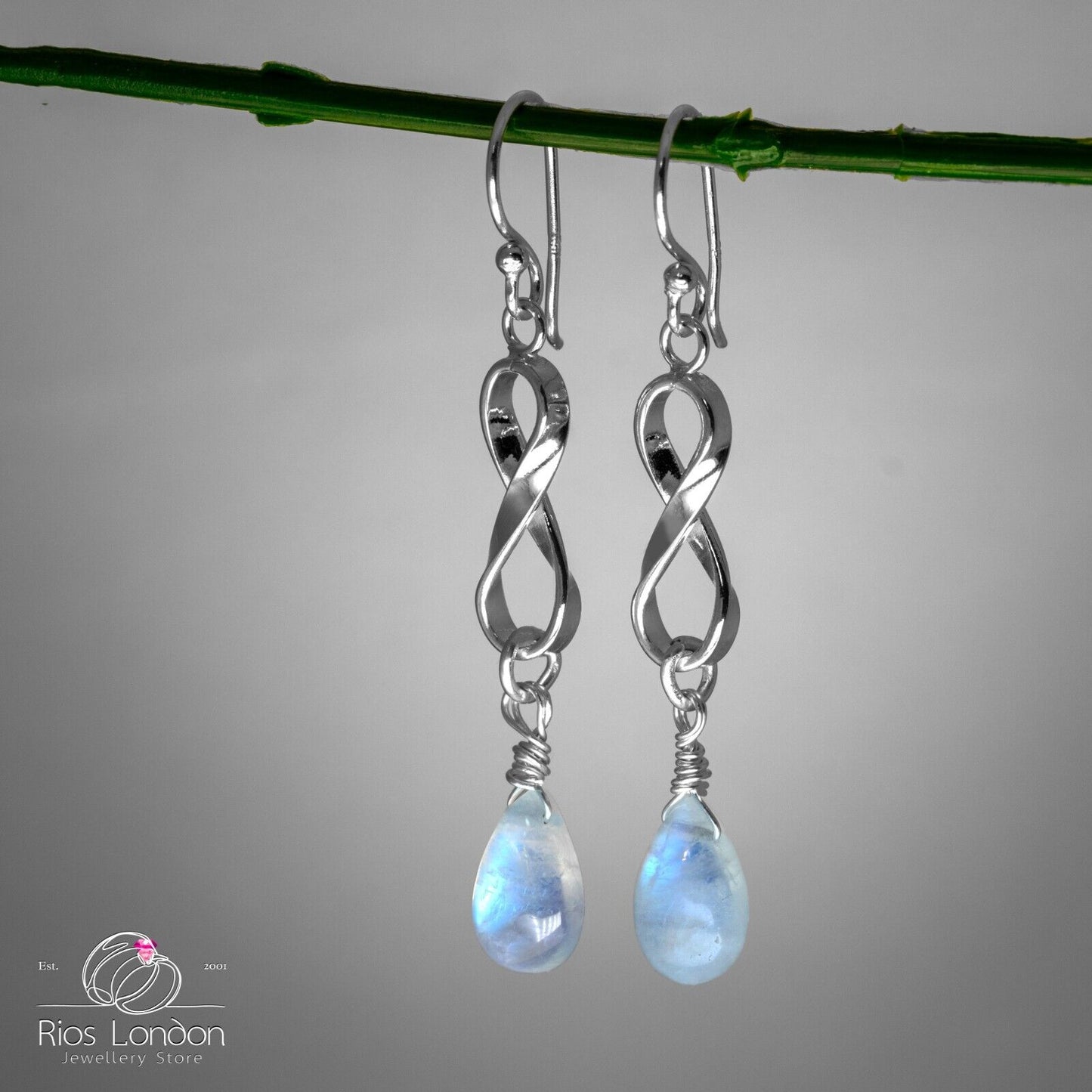 925 Sterling Silver Natural Moonstone Infinity Dangle Earrings Love Design, Gift