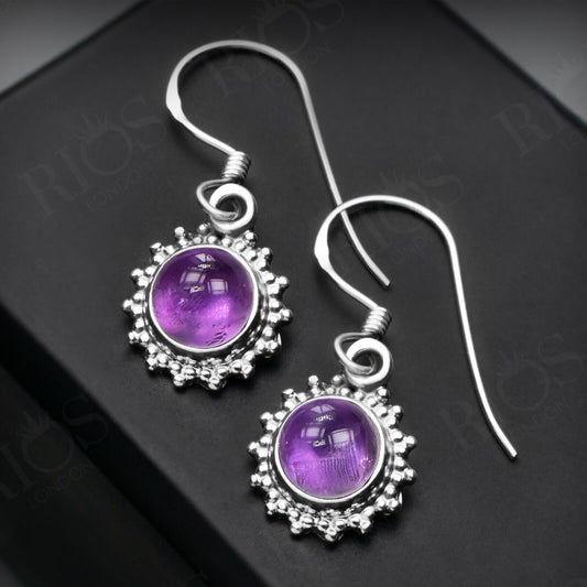 925 Sterling Silver Natural Amethyst Earrings Drop Dangle Ear Hook Gift Boxed