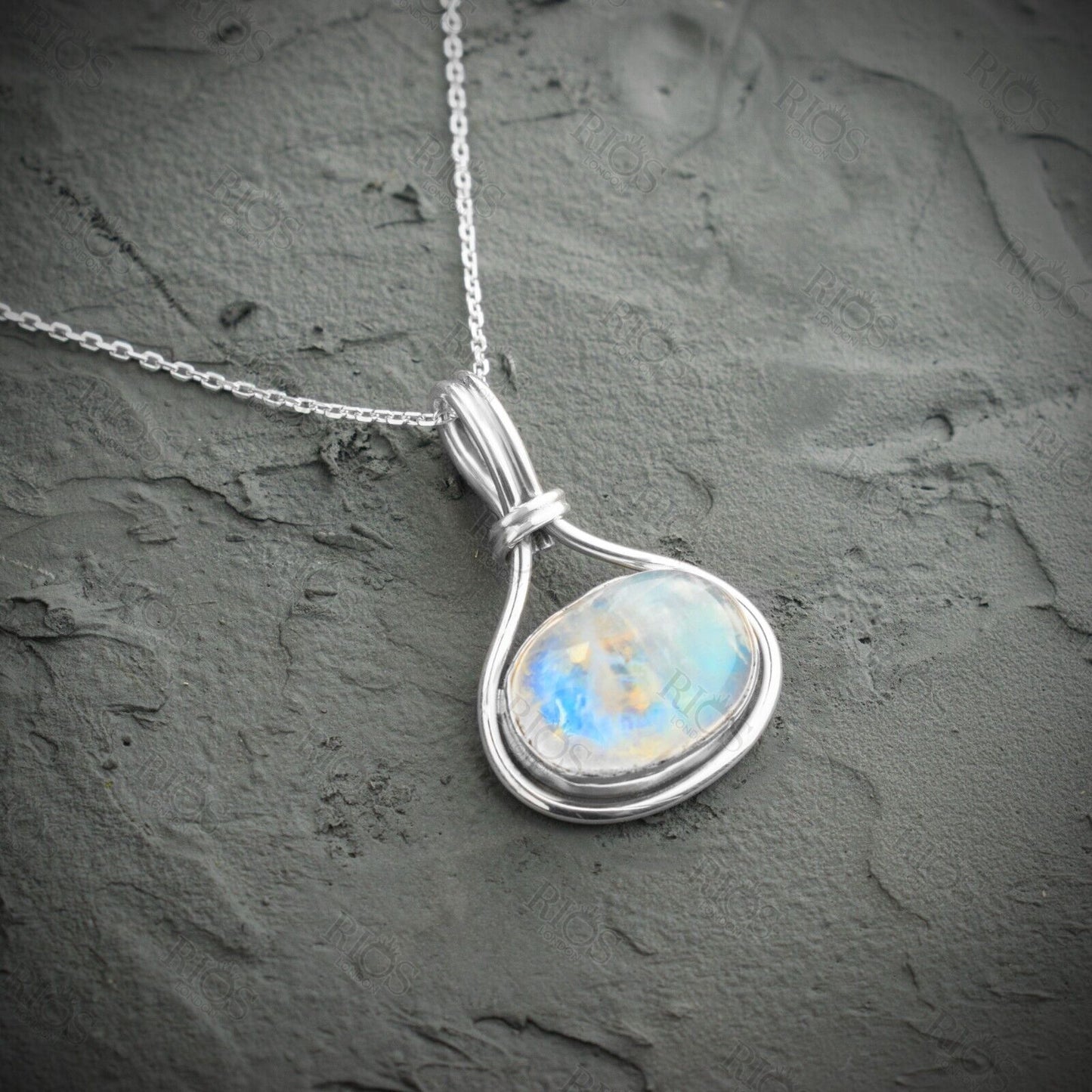 925 Sterling Silver Moonstone Necklace Blue Gemstone Pendant Handmade Gift Boxed