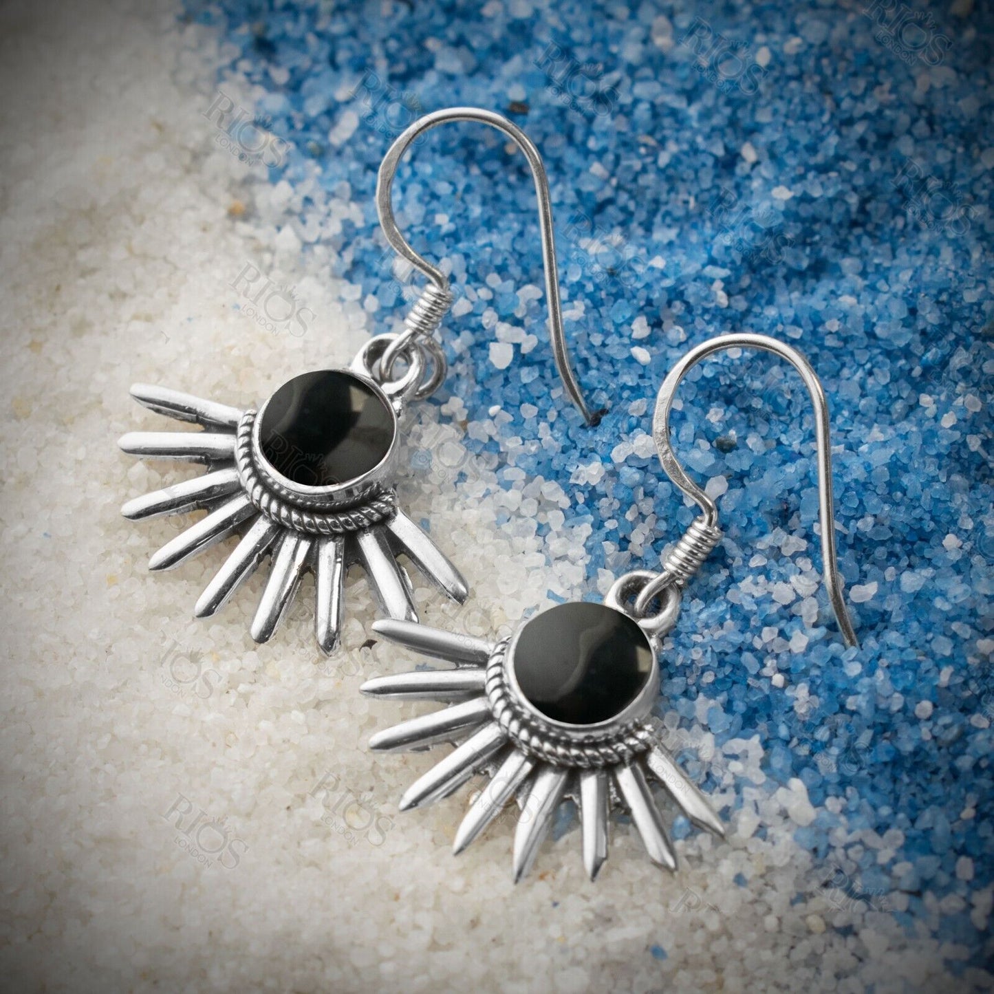 Rios London 925 Sterling Silver Black Onyx Gothic Spiky Earrings - Gift Boxed