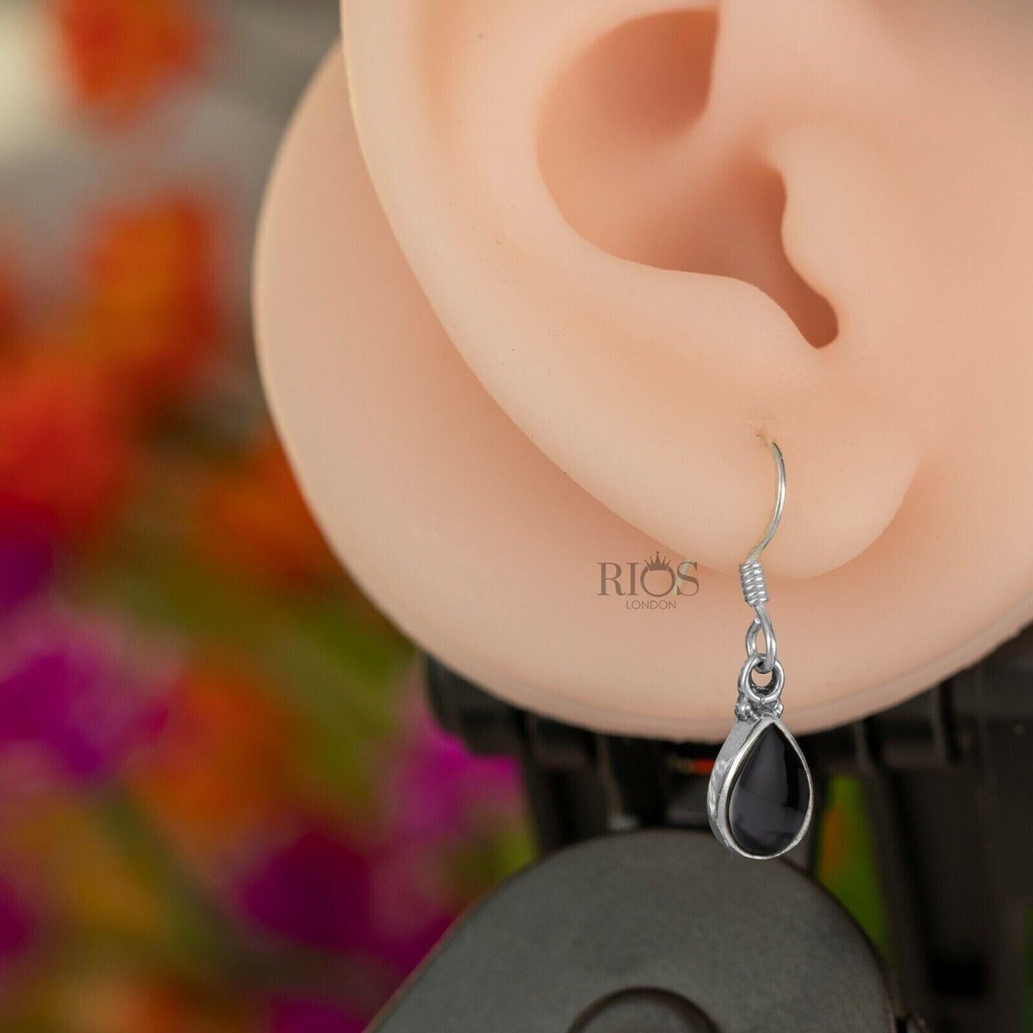 925 Sterling Silver Natural Onyx Earrings Dangle Hook Black Teardrop Gift Boxed