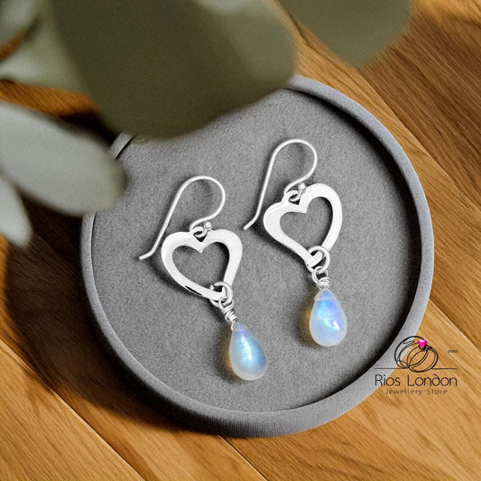 925 Sterling Silver Natural Moonstone Dangle Heart Teardrop Earrings Gift Boxed