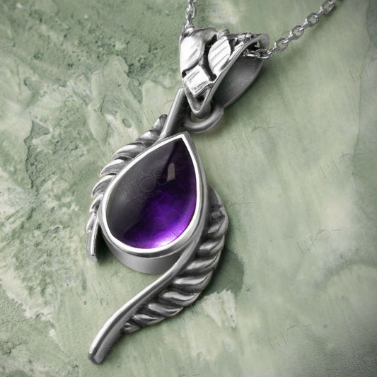 Handmade 925 Sterling Silver Natural Amethyst Leaf Necklace For Women Gift Boxed