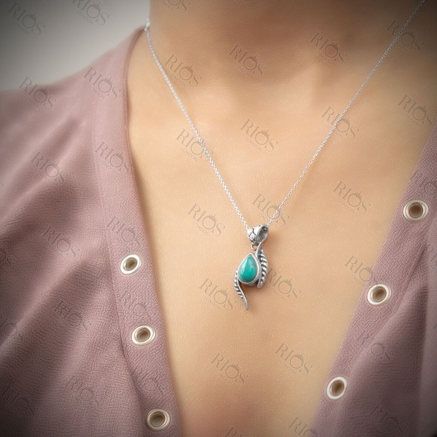 925 Sterling Silver Turquoise Leaf Necklace Gemstone Pendant Handmade Gift Boxed