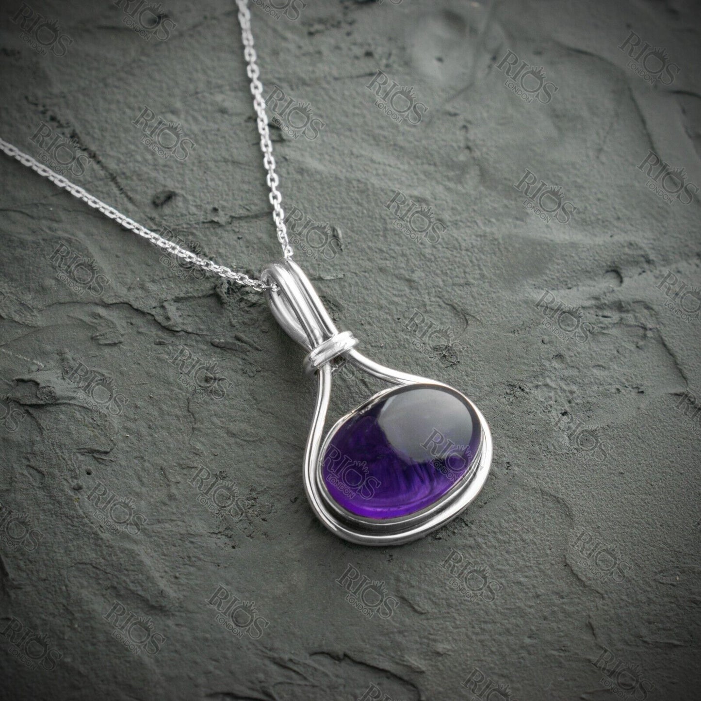 Handmade 925 Sterling Silver Amethyst Necklace with Oval Purple Pendant Boxed