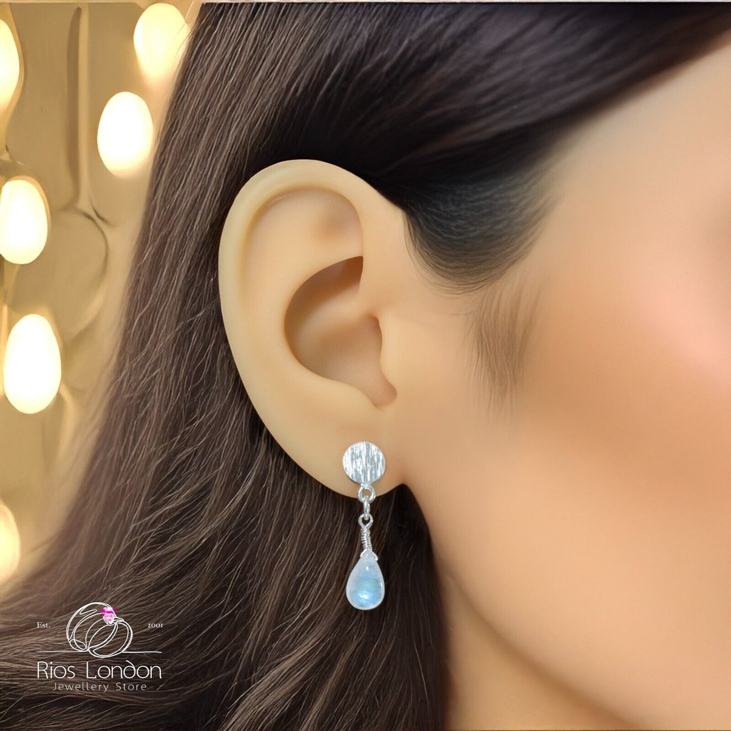 Sterling Silver Brushed Disc Teardrop Dangle Earrings-Natural Rainbow Moonstone