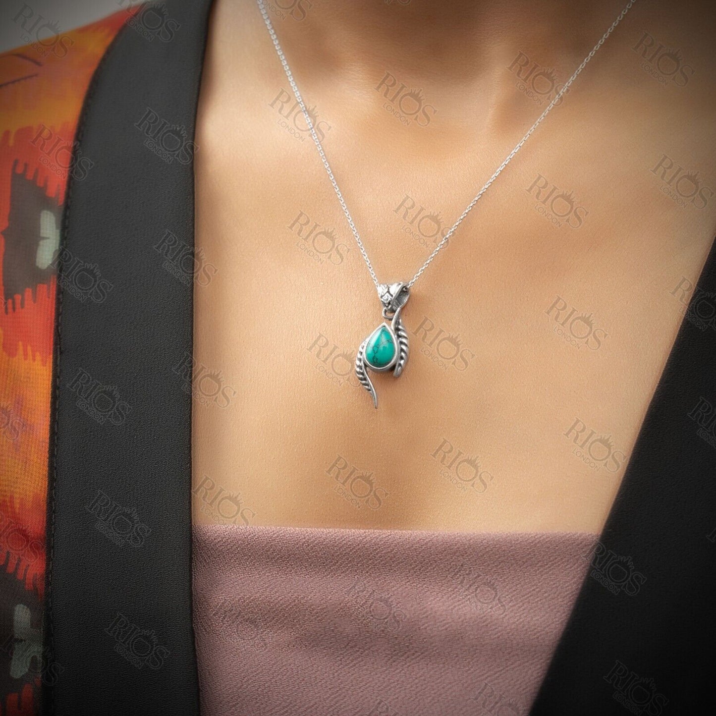 925 Sterling Silver Turquoise Leaf Necklace Gemstone Pendant Handmade Gift Boxed