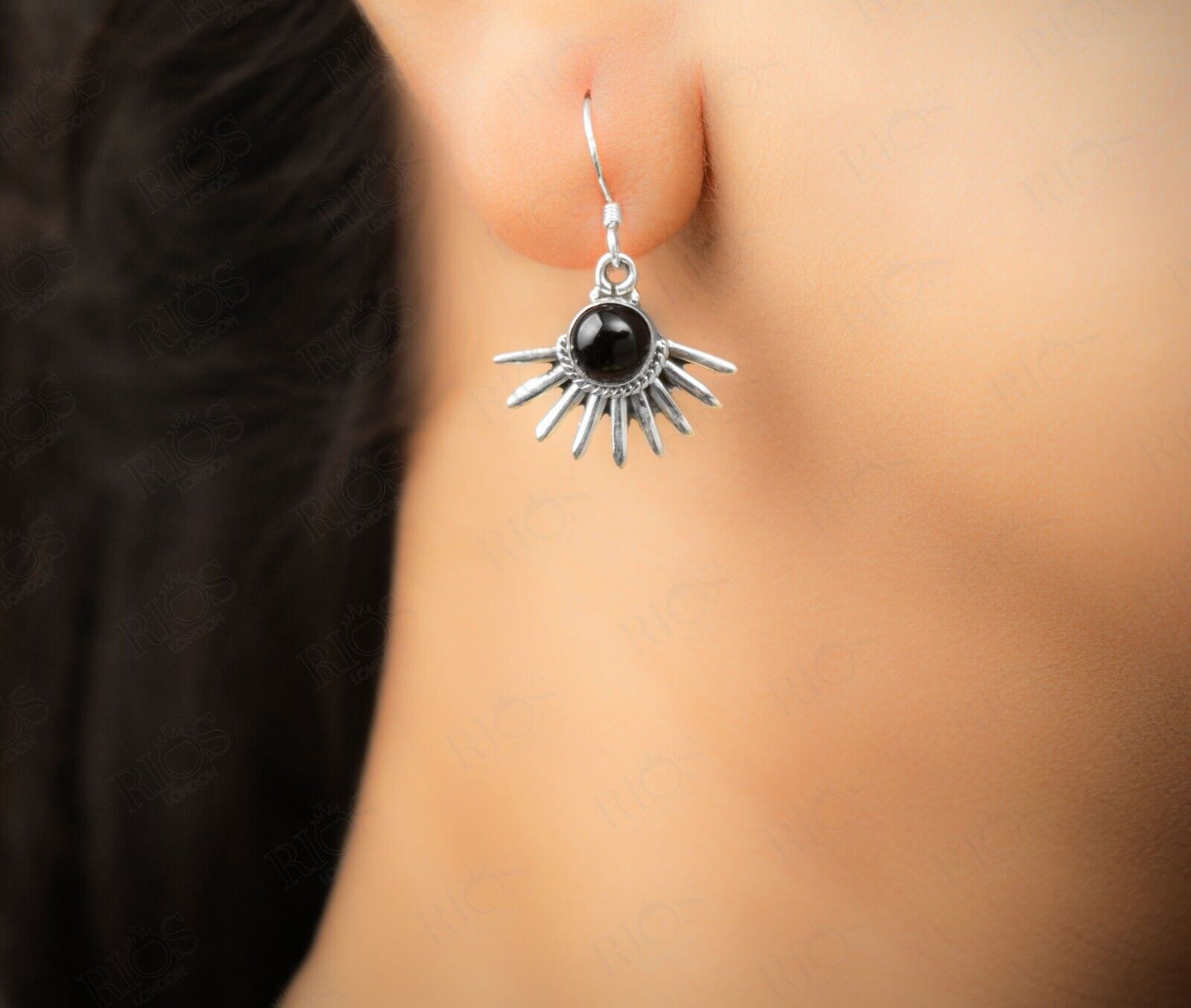 Rios London 925 Sterling Silver Black Onyx Gothic Spiky Earrings - Gift Boxed