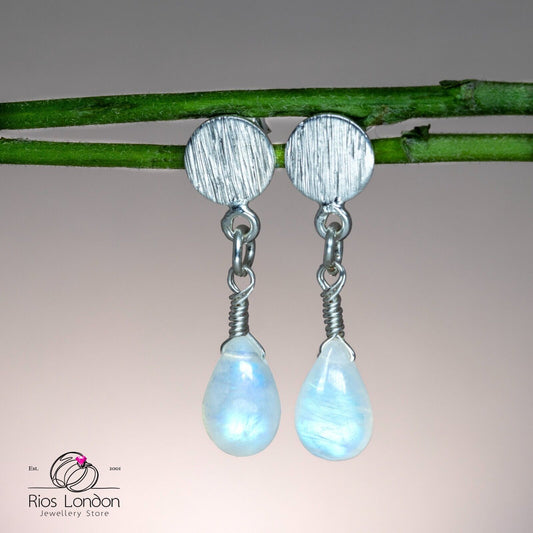 Sterling Silver Brushed Disc Teardrop Dangle Earrings-Natural Rainbow Moonstone