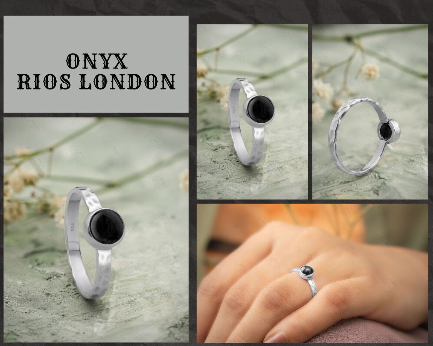Hammered 925 Sterling Silver Natural Moonstone | Amethyst | Turquoise | Red Garnet | Black Onyx | Green Peridot Gemstone Ring Gift Boxed
