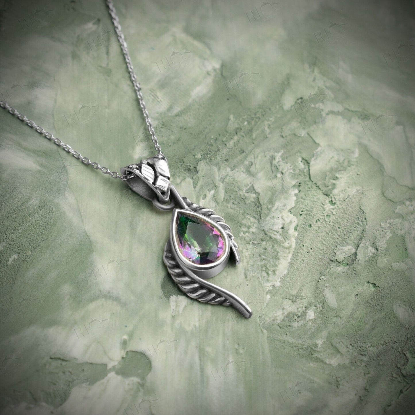 Handmade 925 Sterling Silver Mystic Fire Topaz Leaf Necklace For Women Boxed