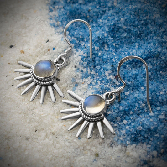 925 Sterling Silver Natural Moonstone Gothic Spiky Earrings - Gift Boxed