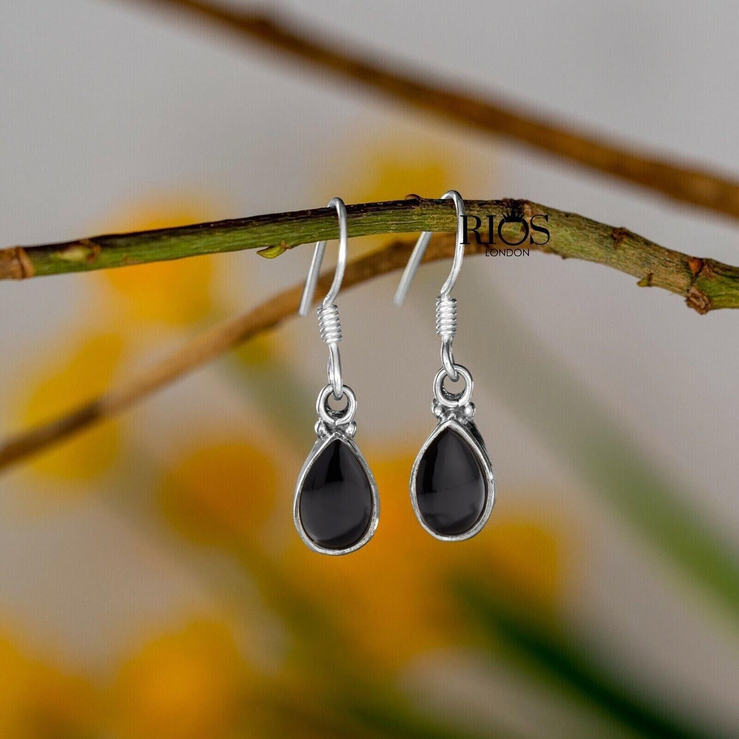 925 Sterling Silver Natural Onyx Earrings Dangle Hook Black Teardrop Gift Boxed