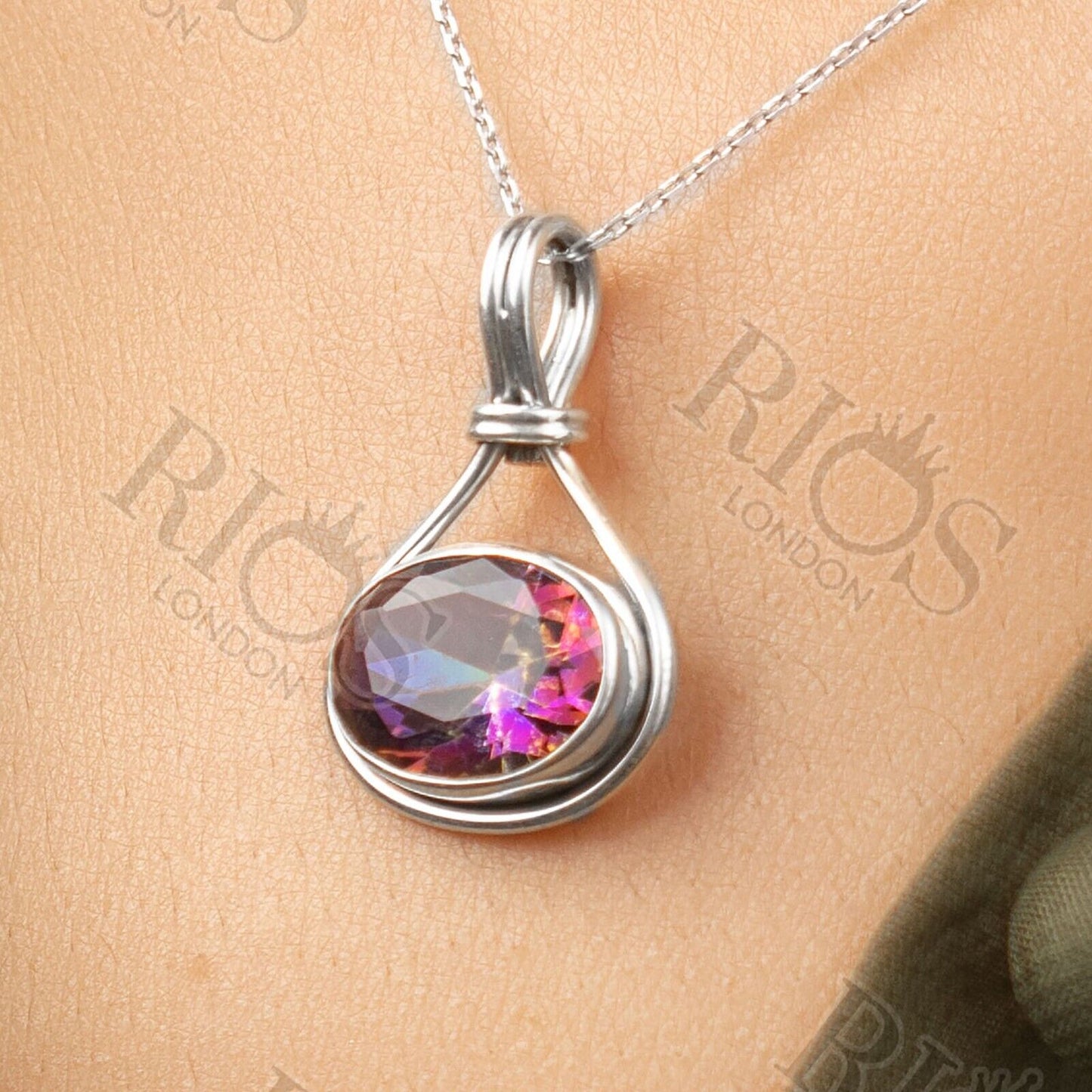 Handmade 925 Sterling Silver Mystic Fire Topaz Necklace with Oval Pendant Boxed