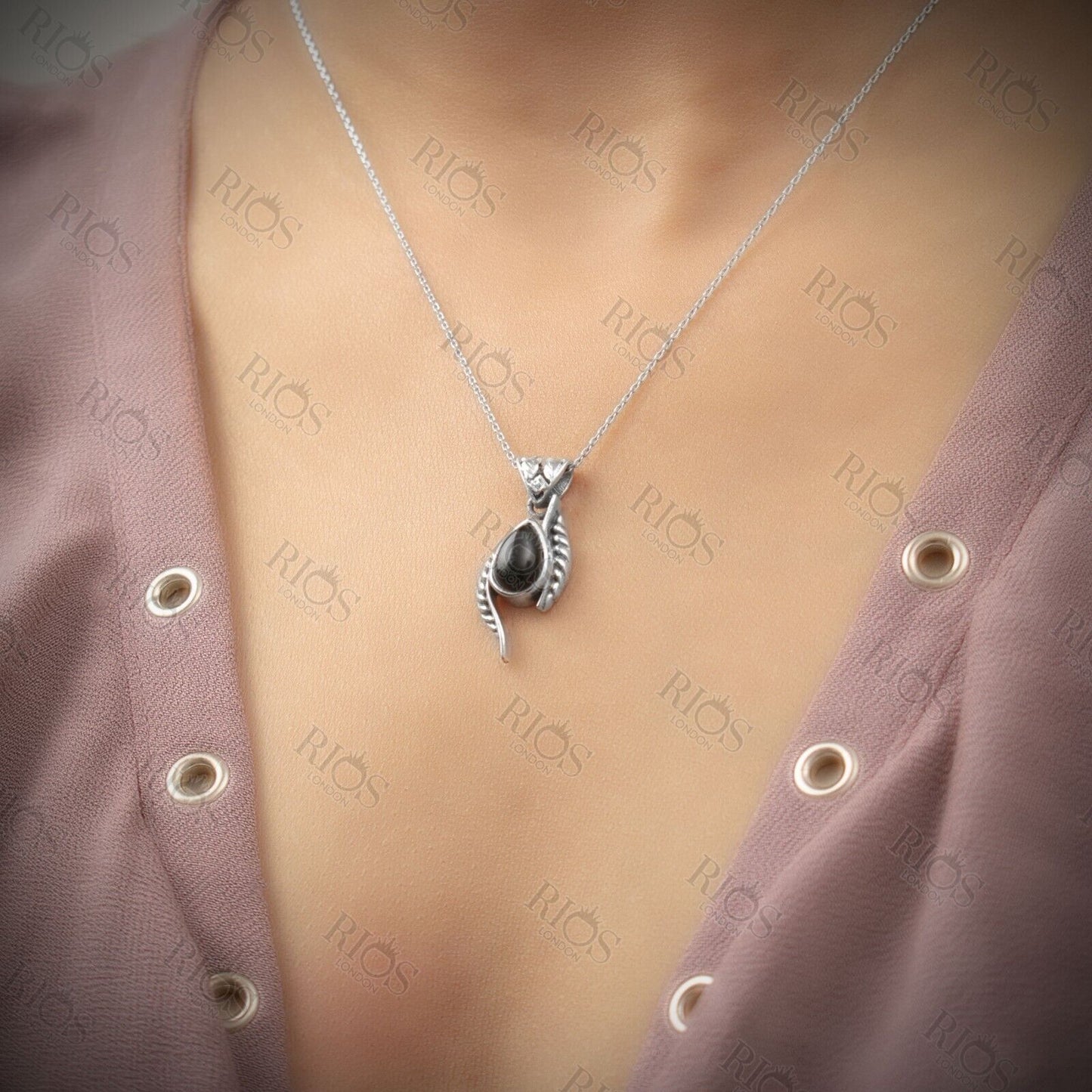 Handmade 925 Sterling Silver Leaf Onyx Necklace Black Gemstone Gift Boxed