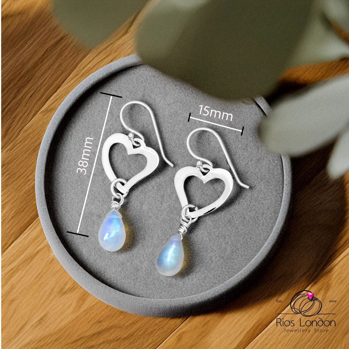 925 Sterling Silver Natural Moonstone Dangle Heart Teardrop Earrings Gift Boxed