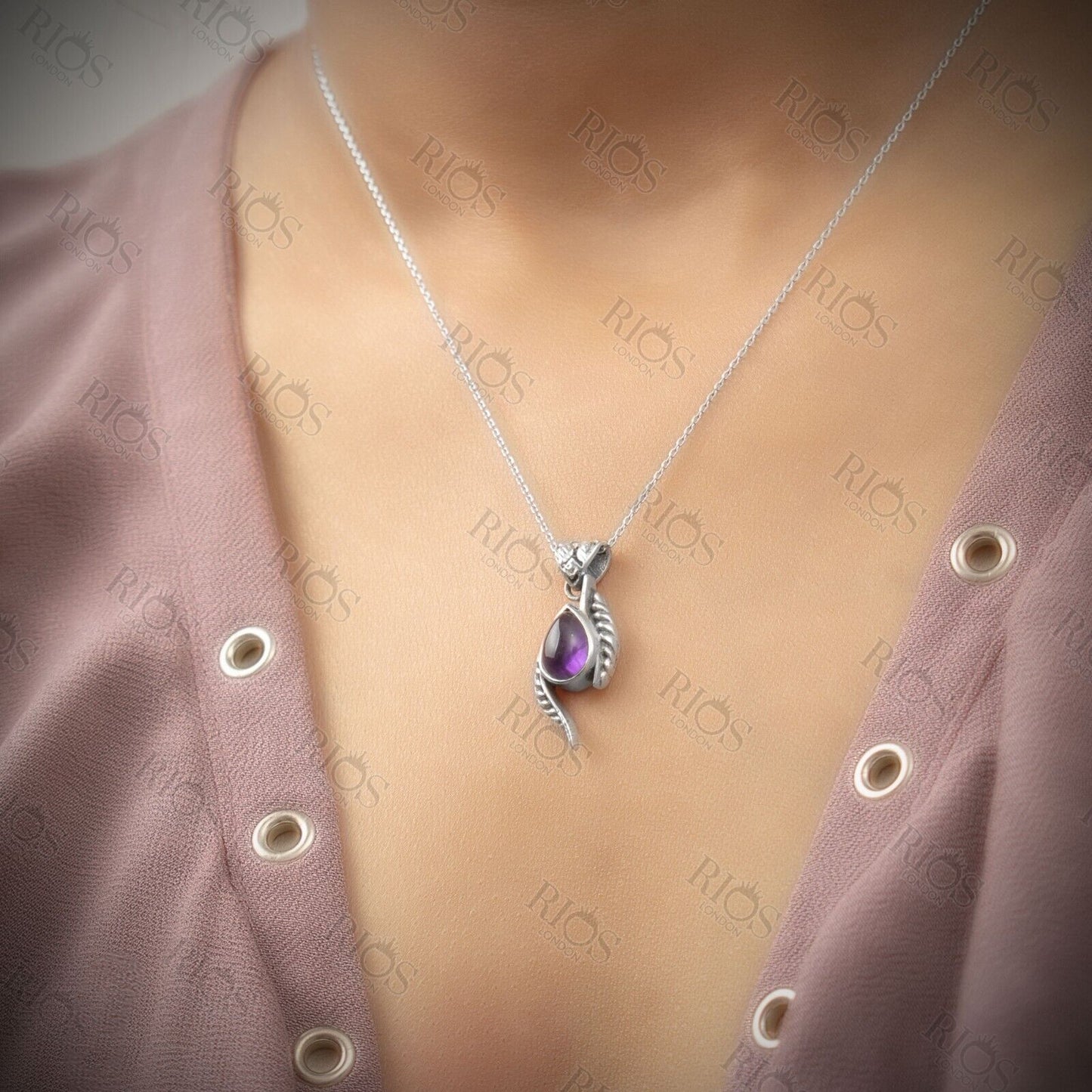 Handmade 925 Sterling Silver Natural Amethyst Leaf Necklace For Women Gift Boxed