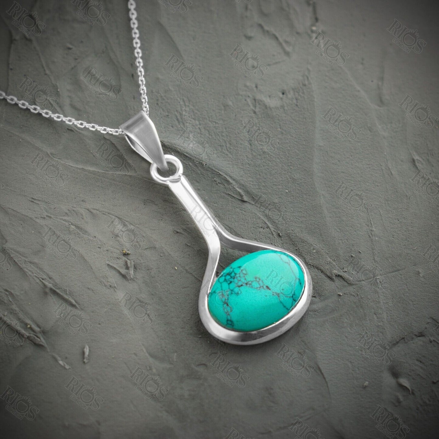 925 Sterling Silver Turquoise Necklace Oval Gemstone Pendant Handmade Gift Boxed