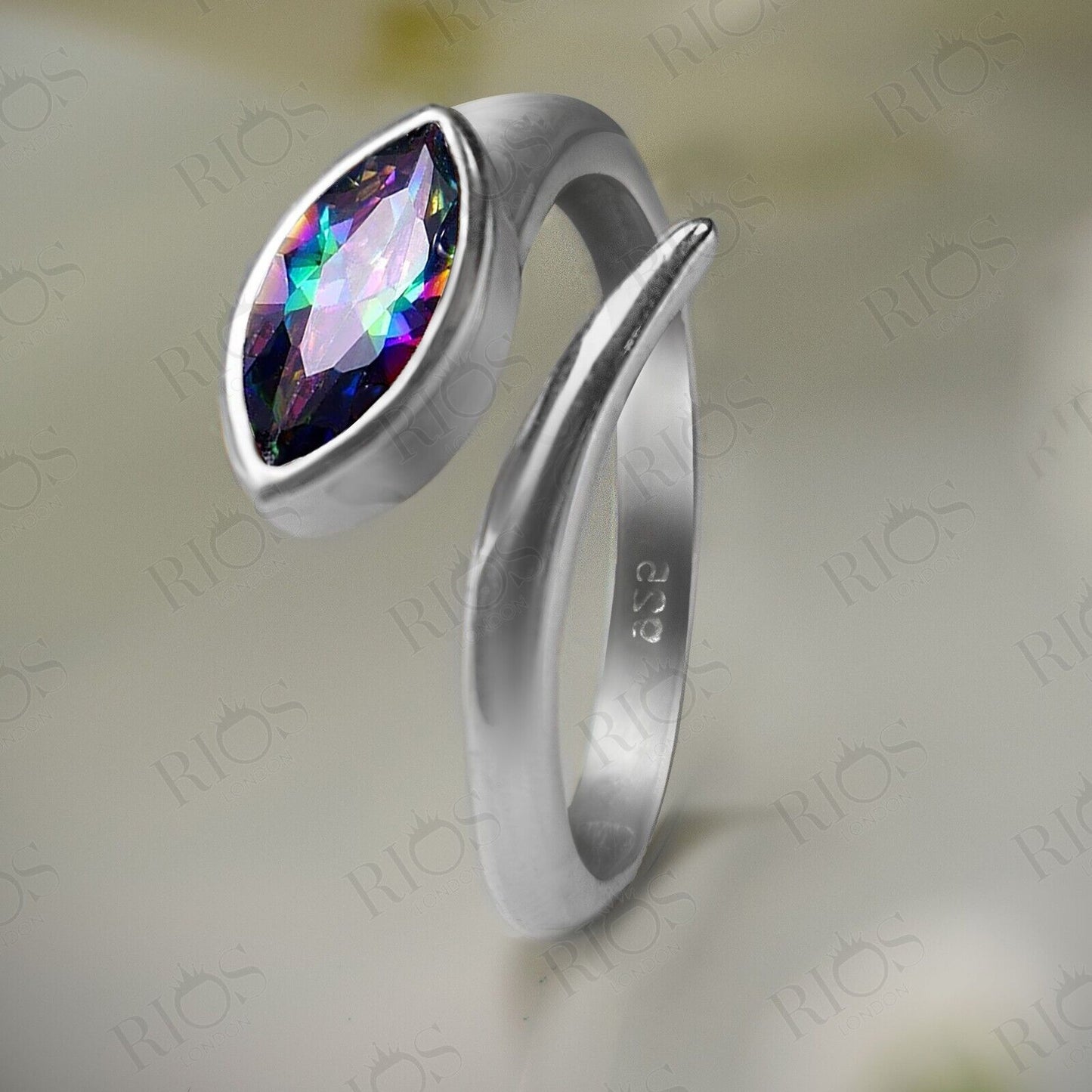 925 Sterling Silver Mystic Fire Topaz Gemstone Snake Adjustable Ring Gift in Box