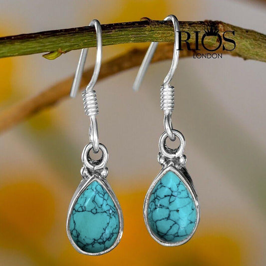 925 Sterling Silver Natural Turquoise Earrings Dangle Hook Teardrop Gift Boxed