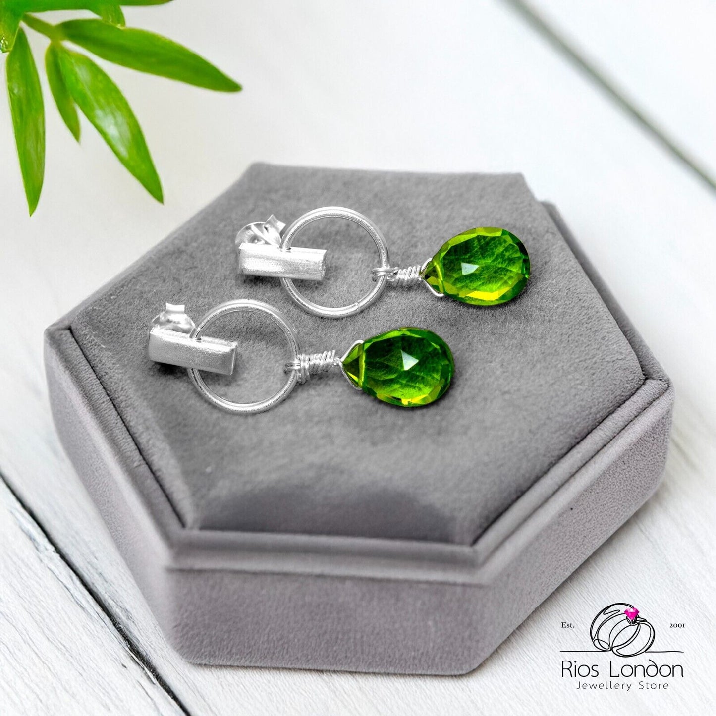 925 Silver Mini Hoop Peridot Earrings Olive Green Teardrop, Hypoallergenic Boxed