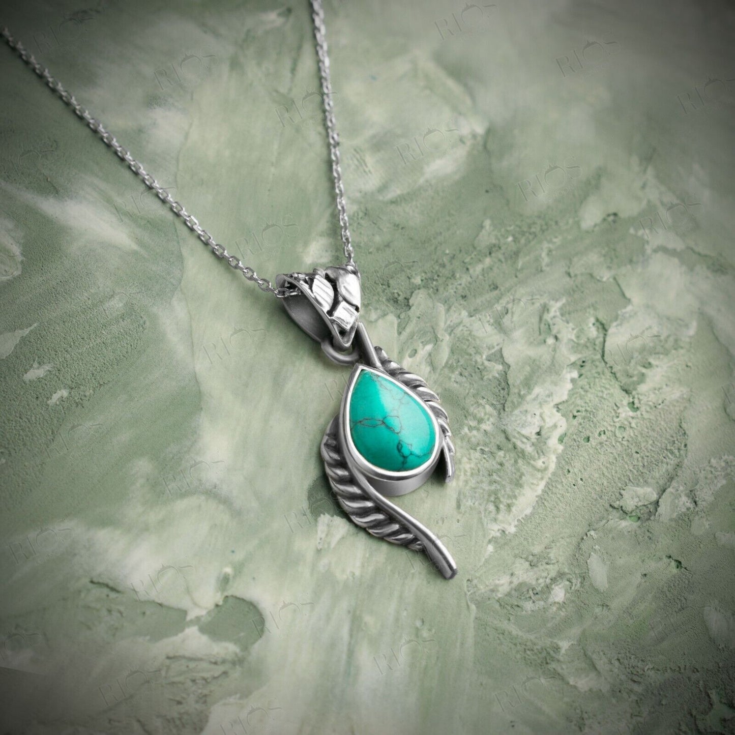 925 Sterling Silver Turquoise Leaf Necklace Gemstone Pendant Handmade Gift Boxed